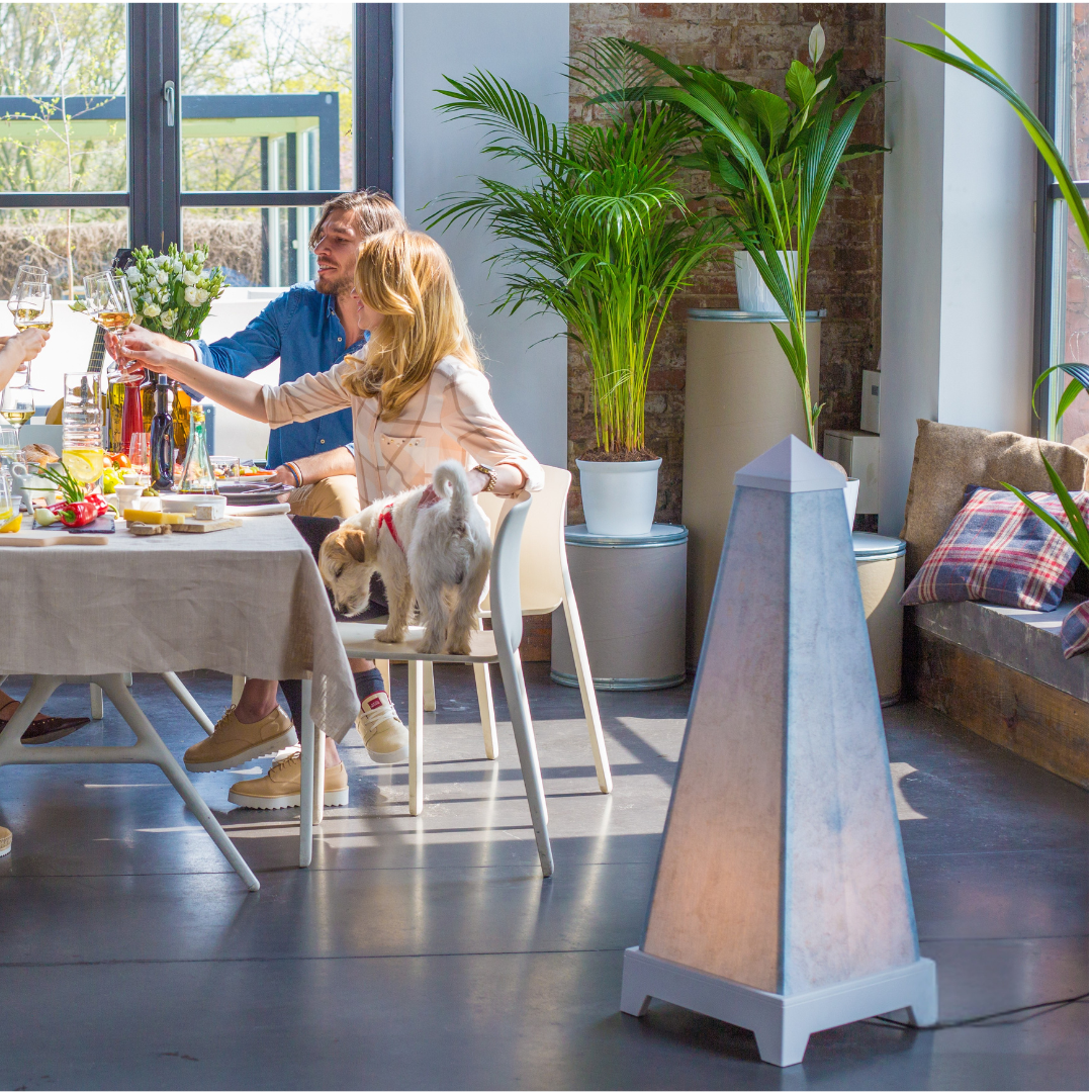 A cosy living and dining room scenario in which several people are sitting at a table and toasting a shared event. A dog sits next to a woman who smiles and raises a glass. A pyramid-shaped XOUNTS sound system stands prominently in the foreground and blends harmoniously into the stylish interior.